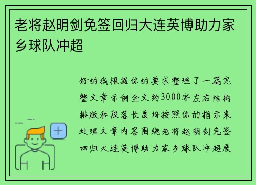 老将赵明剑免签回归大连英博助力家乡球队冲超