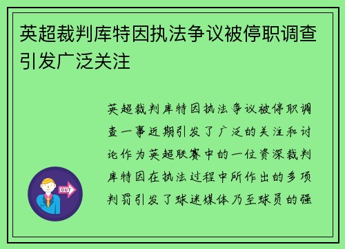 英超裁判库特因执法争议被停职调查引发广泛关注