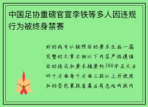 中国足协重磅官宣李铁等多人因违规行为被终身禁赛 中国足协重磅官宣李铁等多人因违规行为被终身禁赛